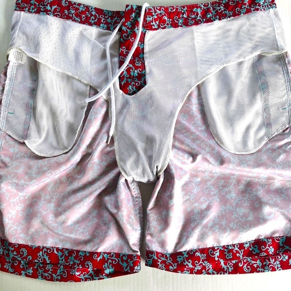Trunks Surf n Swim Red Turquoise Lace Up Pockets Summer Pants Shorts Size L - Picture 8 of 11